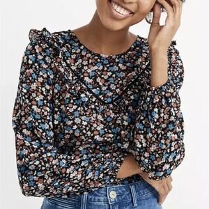 Madewell Ruffle-Yoke Puff Sleeve Prairie Top Spring Prairie Black Floral Size XL